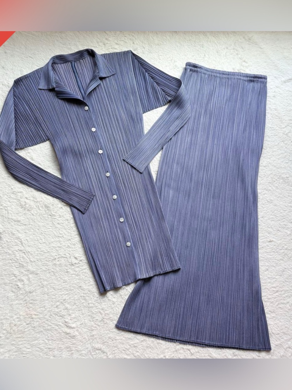 Issey Miyake Pleated Two-Piece Set in Slate Blue